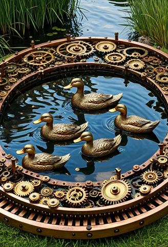 Photorealistic, Serene Park Pond With Ducks Assembled From I... — Stable Diffusion AI Prompt: photorealistic, serene park pond with ducks assembled from interlocking brass ge...