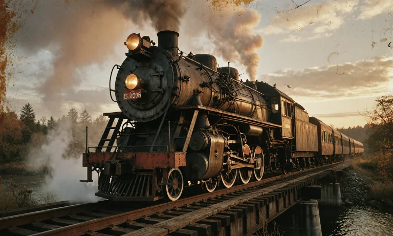 Grunge Style Vintage Steam Locomotive Crossing A Wooden Brid...
