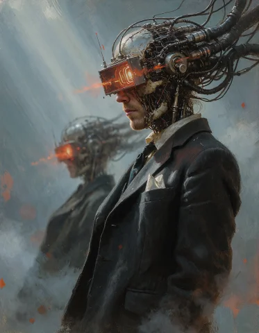 A Surreal Cyberpunk Portrait Of A Man In A Dark Tailored Sui... — Stable Diffusion AI Prompt: A surreal cyberpunk portrait of a man in a dark tailored suit and tie, standing...