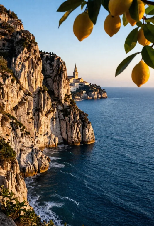 Colors Dramatic Coastal Cliffs Of Amalfi At Golden Hour, Dee...