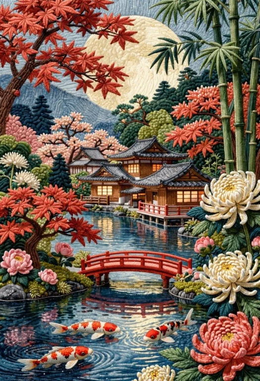A Small Traditional Japanese Village Rests Beside A Tranquil...