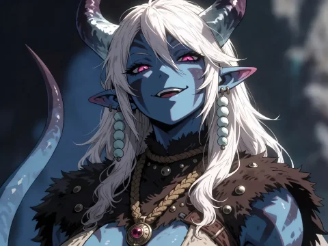 Blue-skinned Female Demon White Hair Purple Horns Fuchsia Ey... — Stable Diffusion AI Prompt: 😈 blue-skinned female demon white hair purple horns fuchsia eyes smiling fur co...