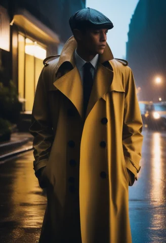 A Trench Coat Framed By Falling Rain, Film Photography, Twil... — SDXL AI Prompt: a trench coat framed by falling rain, film photography, twilight glow, high angl...