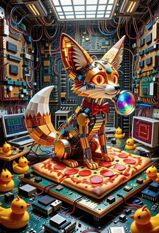 Transistors Style Anthropomorphic Fennec Fox, Huge Ears Buil... — SDXL AI Prompt: Transistors style anthropomorphic fennec fox, huge ears built of colorful circui...