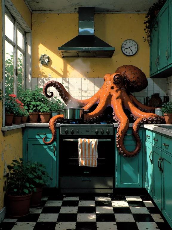 A Giant Orange Octopus Sits Calmly In A Small Sunlit Apartme...
