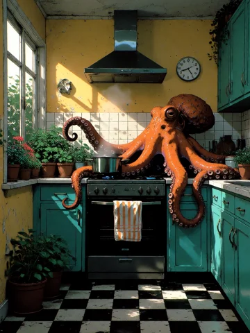 A Giant Orange Octopus Sits Calmly In A Small Sunlit Apartme... — Stable Diffusion AI Prompt: A giant orange octopus sits calmly in a small sunlit apartment kitchen, one tent...