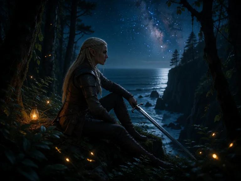 A Blonde Elf Warrior, Her Long Hair In Two Braids, Sits At T...