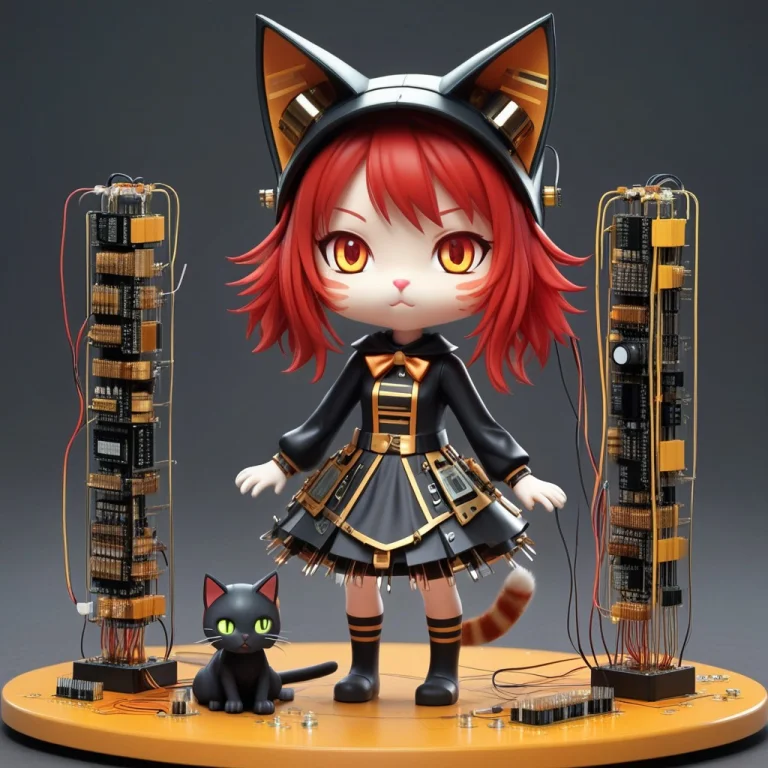 A 3d Chibi Anime Red Hair Cat Girl Wear Transistors Witch Dr...