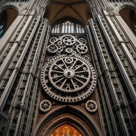 Low Angle Shot Of An Imposing Cathedral Made Of Gears — SDXL AI Prompt: Low angle shot of an imposing cathedral made of gears