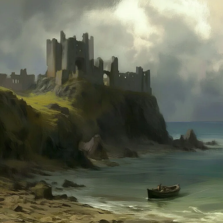 D2chpaint, Wide Shot Of A Ruined Castle On A Cliff Above The...