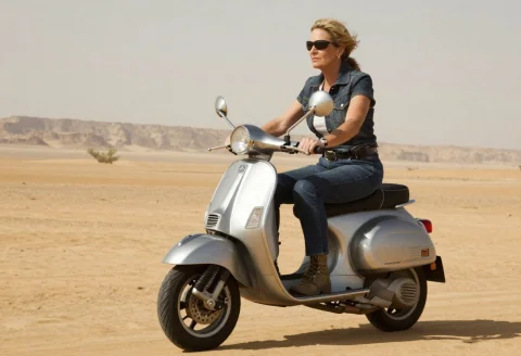 This Photograph Features A Female Mature Lady Riding A Scoot... — Stable Diffusion AI Prompt: This photograph features a female mature lady riding a scooter piaggio beverly t...