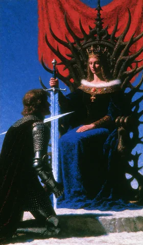 Loradc Dark Fantasy Style 3 V11,dcdrkfntsy. Medium Shot Of A... — Stable Diffusion AI Prompt: ,dcd@rkf@ntsy. Medium shot of a knight kneeling before a queen in her forties se...