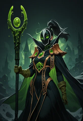 Loratraining3013073-202609051513340850.8, 1girl, Solo, Dark... — Stable Diffusion AI Prompt: , 1girl, solo, dark hair, gloves, mask, dress, cape, rubick, anime style, holdin...