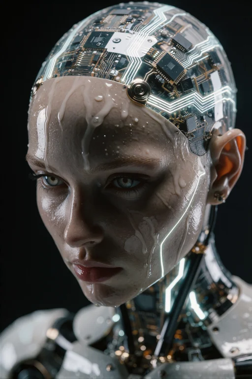 A Portrait Of A Female Android With Pale Synthetic Skin And...