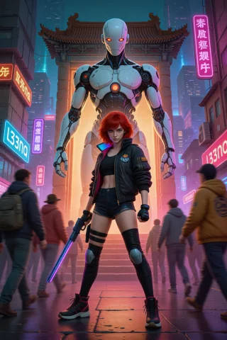 L33na Stands In The Midst Of A Bustling Cityscape, Bathed In... — Stable Diffusion AI Prompt: l33na stands in the midst of a bustling cityscape, bathed in hues of neon lights...
