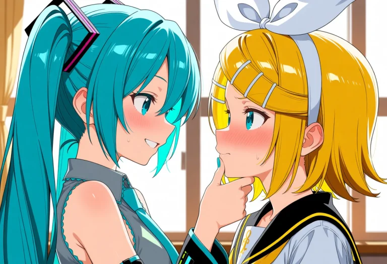 2girls,kagaminerin, Hatsune Miku Grabbing Rins Chin, Blush,r...