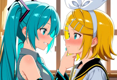 2girls,kagaminerin, Hatsune Miku Grabbing Rins Chin, Blush,r... — Stable Diffusion AI Prompt: 2girls,kagamine_rin, hatsune miku grabbing Rin's chin, blush,Rin blushing, yuri,...