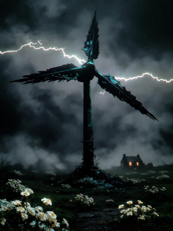 A Gigantic Wind Turbine Rises Through Heavy Fog On A Black M...