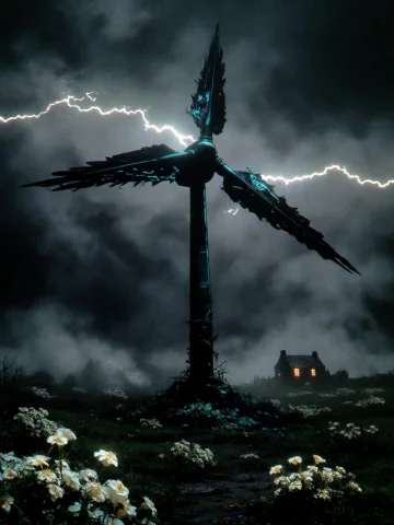 A Gigantic Wind Turbine Rises Through Heavy Fog On A Black M... — Stable Diffusion AI Prompt: A gigantic wind turbine rises through heavy fog on a black moorland, its three b...