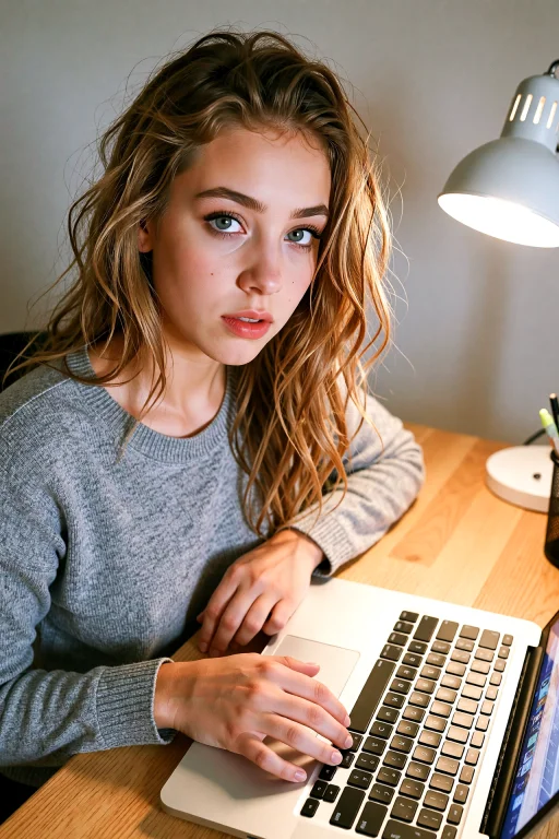 Quinn At A Desk With A Laptop, Dirty-blonde Hair, Blue-grey...