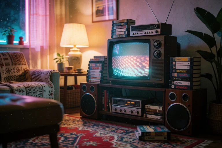 A Cozy Nostalgic 1980s Living Room At Night, A Glowing Vinta...