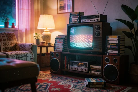 A Cozy Nostalgic 1980s Living Room At Night, A Glowing Vinta... — Stable Diffusion AI Prompt: A cozy nostalgic 1980s living room at night, a glowing vintage CRT television, s...