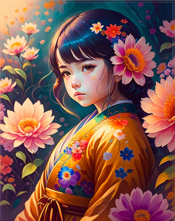 A High Detailed Colorful Girl Flowers Painting In The Style...