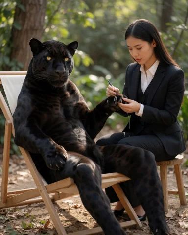 A Muscular Black Panther Is Sitting In A Deckchair Having Hi... — Stable Diffusion AI Prompt: a muscular black panther is sitting in a deckchair having his claws manicured by...