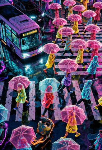 Pop Art Style, A Straight-down Overhead View Of A Rain-soake... — Stable Diffusion AI Prompt: Pop art style, a straight-down overhead view of a rain-soaked city crosswalk scr...