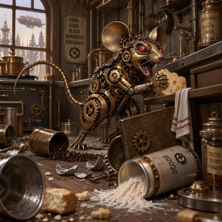 Hostile Steampunk Mouse Made Of Gears And Cogs Plundering A...
