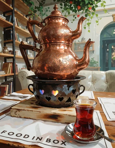 Teapot Stack Two Engraved Copper Teapots Are Stacked Into On... — Stable Diffusion AI Prompt: Teapot stack: Two engraved copper teapots are stacked into one tall tower, a sma...