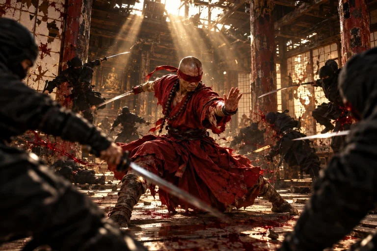 A Blindfolded Monk Stands In The Center Of An Ancient, Crumb...