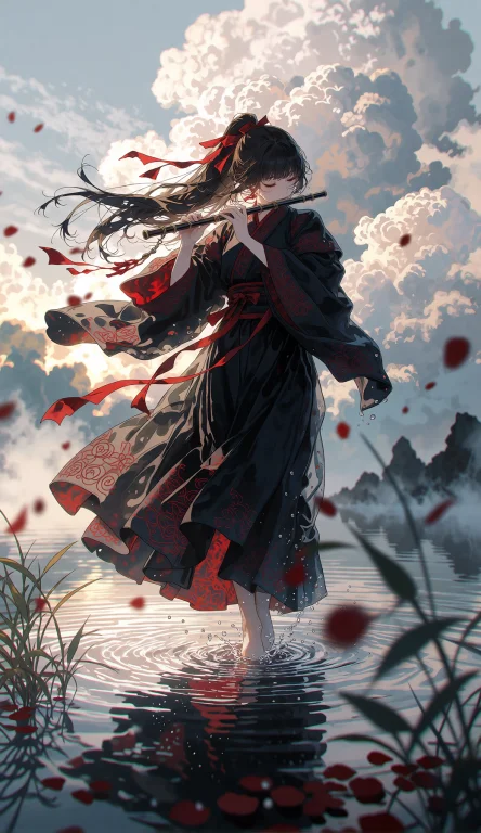 Main Figure A Young Woman With Long Black Hair Tied In A Tra...