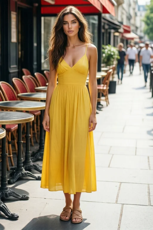 Full-body Photograph Of A Young Woman In A Yellow Summer Sun...