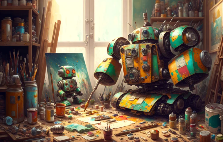 A Messy, Chaotic Artists Workshop, Inside Is A Cute Robot Pa...