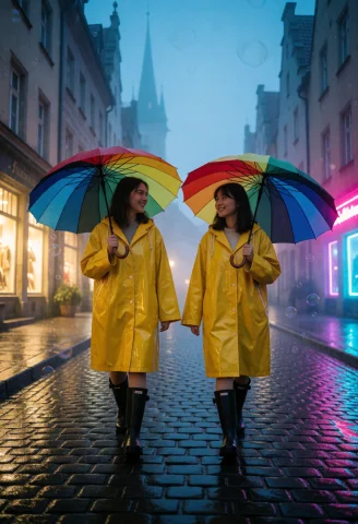 Cinematic Photography, Two Young Women Walking Side-by-side... — Stable Diffusion AI Prompt: Cinematic photography, two young women walking side-by-side down a rain-slicked...