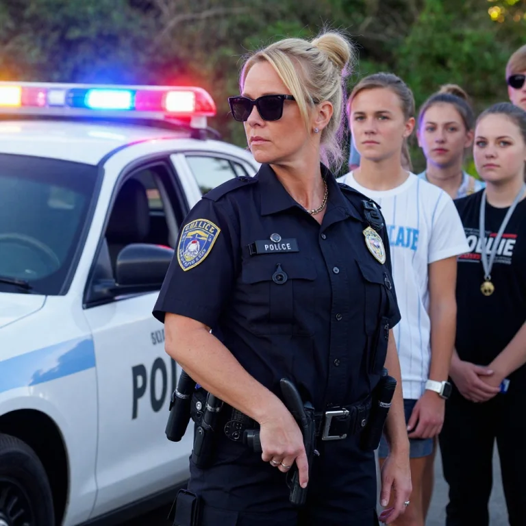 A Blonde Policewoman With Her Hair Tied Back Stands With Her...