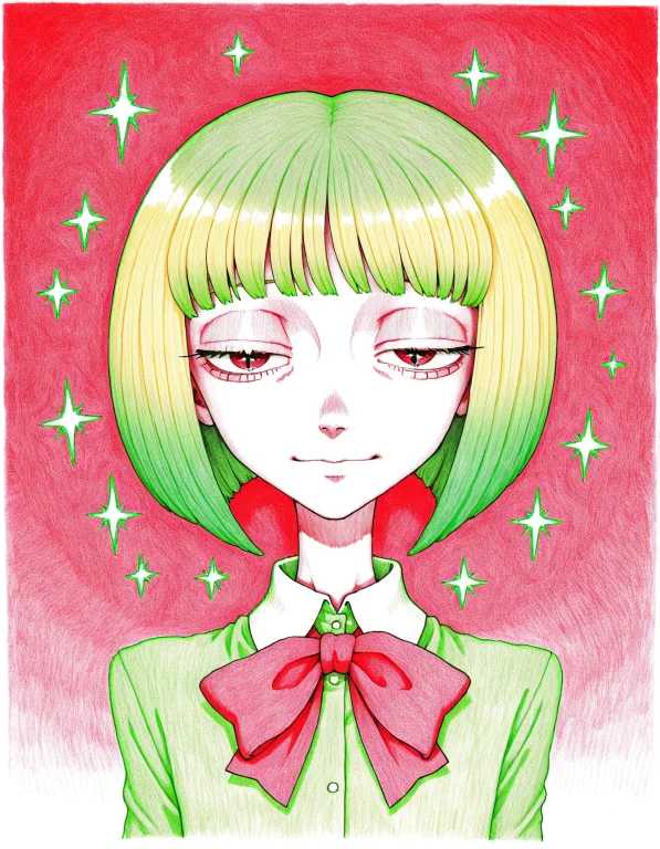 1girl, Skinny, Bob Cut, Gradient Hair, Blonde Hair, Green Ha...