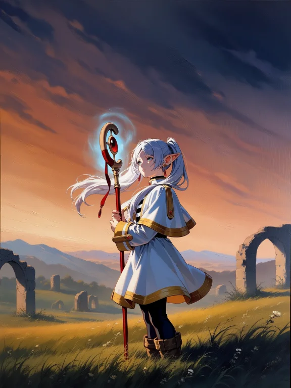 A Serene Oil Painting Of Frieren Looking To The Side Standin...