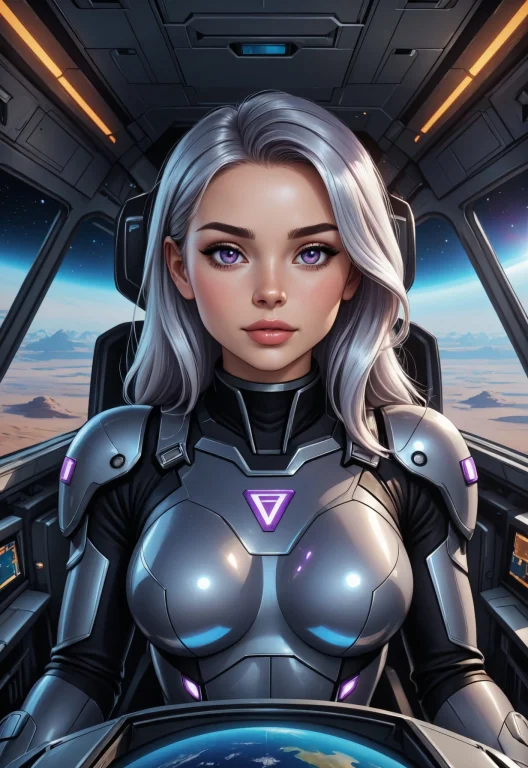 Galactic Pilot In Armored Tech Suit, Cockpit View Behind Her...