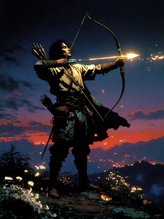 A Lean Archer Stands On The Summit Of A Mountain At Dawn, Ba...