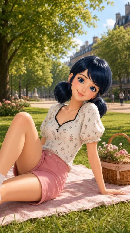 Qmar, Full-body View, Sitting On A Picnic Blanket In A Paris...