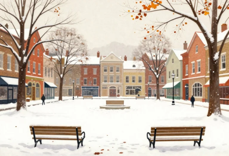A Snowfall Settling Over A Silent Town Square, Gouache Conce...