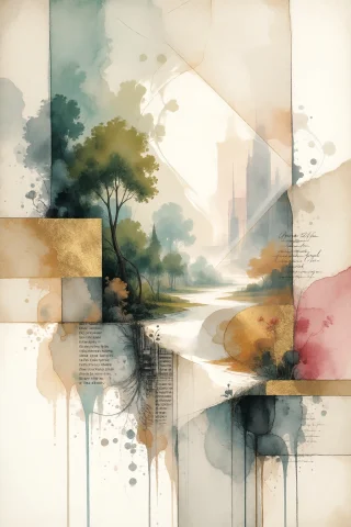 Strangedaal. A Dreamlike Collage Blending Torn Magazine Page... — Stable Diffusion AI Prompt: StrangeDaal. A dreamlike collage blending torn magazine pages of lush forests, v...