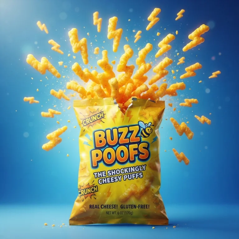 Blue Gradiant Background, Yellow Bag Labeled Buzz Poofs, Che...