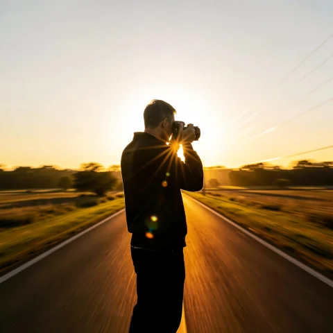 A Photographer Framing A Shot At Golden Hour, Backlit Silhou... — Stable Diffusion AI Prompt: a photographer framing a shot at golden hour, backlit silhouette, motion blur, l...
