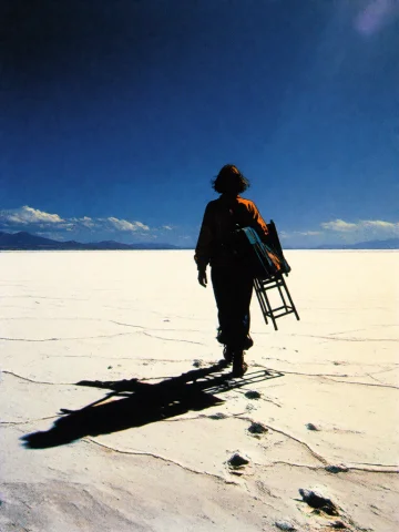 A Risograph Print Of A Lone Traveler Crossing An Endless Whi... — Stable Diffusion AI Prompt: A risograph print of a lone traveler crossing an endless white salt flat at noon...