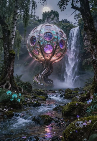 A Wide Atmospheric Fine-art Photograph Of A Colossal, Organi... — Stable Diffusion AI Prompt: A wide atmospheric fine-art photograph of a colossal, organic sphere suspended a...