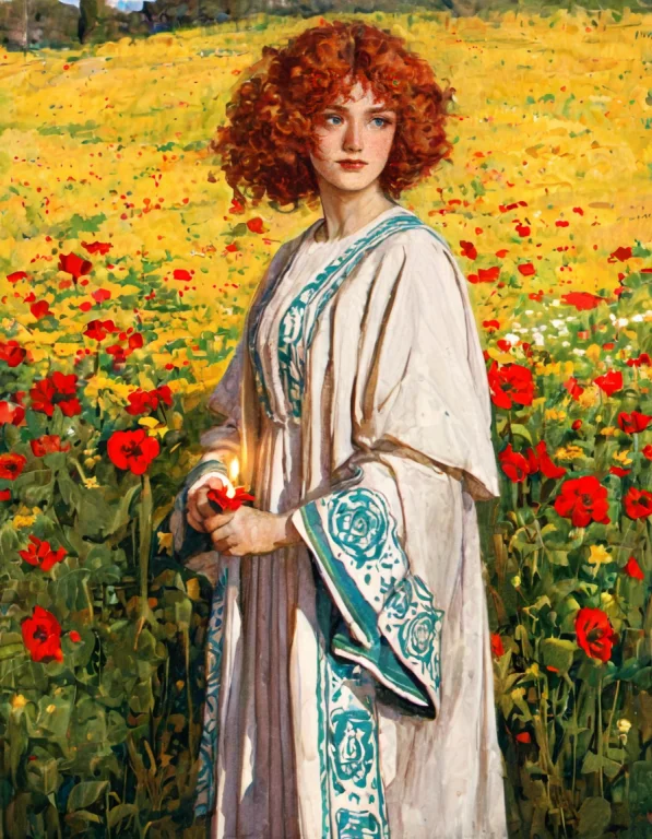 Colored Lithograph Features A Woman With Curly Red Hair Stan...