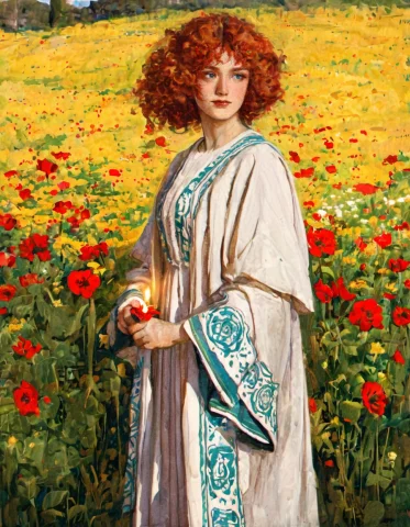 Colored Lithograph Features A Woman With Curly Red Hair Stan... — Stable Diffusion AI Prompt: colored lithograph features a woman with curly red hair standing in a field of v...